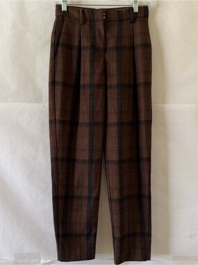Aritzia Babaton Hawthorne Plaid Pants Sz 00 Taper Brown Ankle Trousers Academia